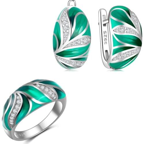 OGULEE Elegant Emerald Translucent Enamel Jewelry Set 925 Sterling Silver Exquisite Green Leaf AAA+ CZ Earrings Ring for Women