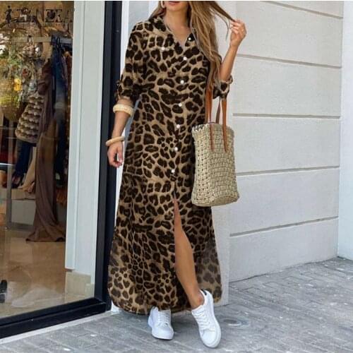 Casual Vintage Leopard Dresses Female Lapel Long Vestidos Womens Autumn Fashion Shirt Dress ZANZEA Party Holiday Longue Robe 5XL