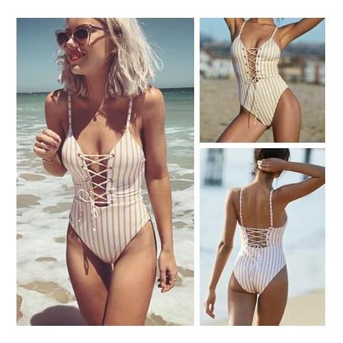 Striped Deep V Swimsuit Bandage Sweet Style Bikini Swimwear Backless Women Female One Piece Swimming Suit Female Bathing Suits
