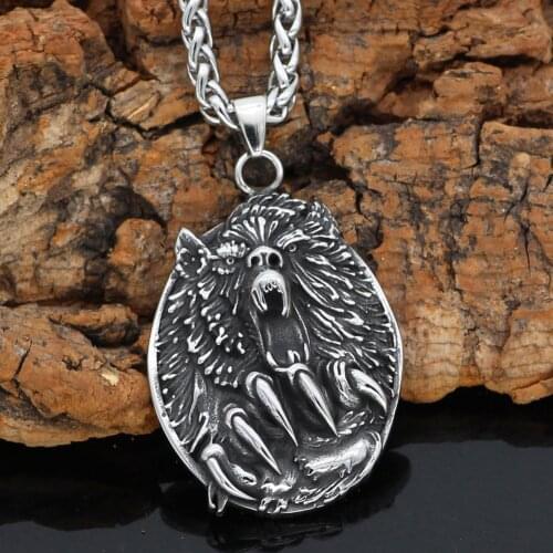 Nordic Viking Stainless steel Geri and Freki Wolf Necklace with Valknut gift bag