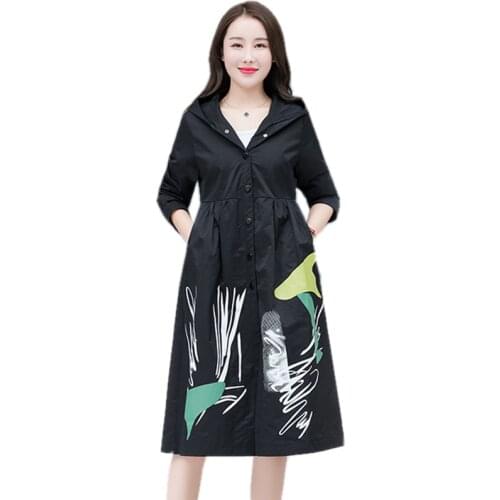 2019 Autumn New Women Trench Coat Single-breasted Print Hooded Windbreaker Femme Waterproof Raincoat Business Outerwear R384