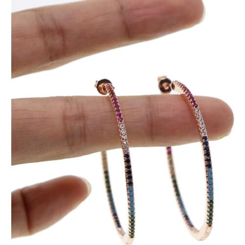 Top quality multi color stone ear jewelry romantic rose gold color 45mm colorful cz gorgeous women ladies rainbow hoop earrings