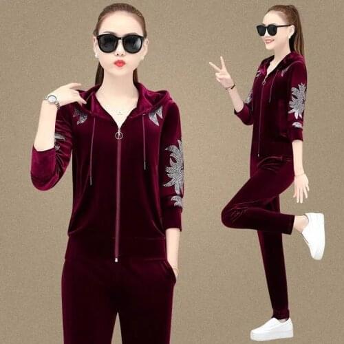 Mother Clothing Gold velvet Sportswear Two piece Sets Large size Loose Tracksuit Women Hooded Coat & Pants 2 Piece Sets Suit New