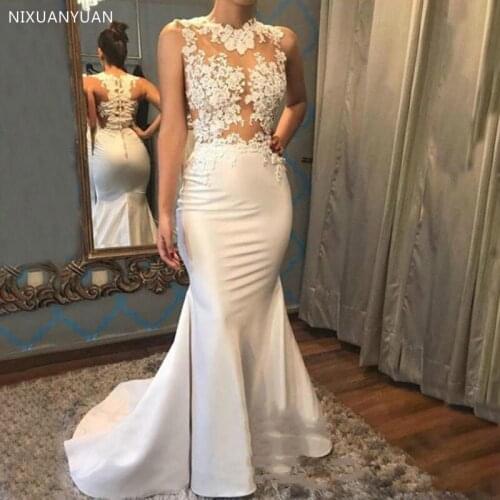 Mermaid Wedding Dresses 2021 Illlusion Bodice Sleeveless Lace Appliques Satin Long Floor Length Bridal Gowns Vestido