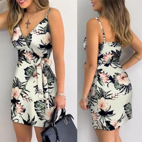 2021 Sexy Womens Summer Mini Bodycon Cami Dresses Casaul V Neck Tropical Print Tied Detail Sleeveless Open Back Wrap Sundress