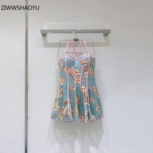 ZIWWSHAOYU Summer Fashion Women One-Piece Swimsuit Sling Sexy Backless Slim Flowers Printing Beach Vacation Swimsuit