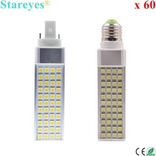 Free Shipping 60 pcs 9W G24 G23 E27 LED PL Bulb SMD 5050 44 LED Corn Light spotlight Lamp LED transverse inserted light