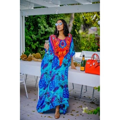 Bohemian Printed Bikini Cover-ups Long Blue Tunic Kaftan Plus Size Women Summer Maxi Dress Beach Wear Swim Suit Cover Up Q1320