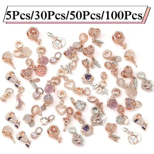 2Pcs/5Pcs/10Pcs/50Pcs/100Pcs Mixed Style Rose Gold Charms Beads Pendant Fits DIY Bracelets Jewelry Accessories Random Wholesale