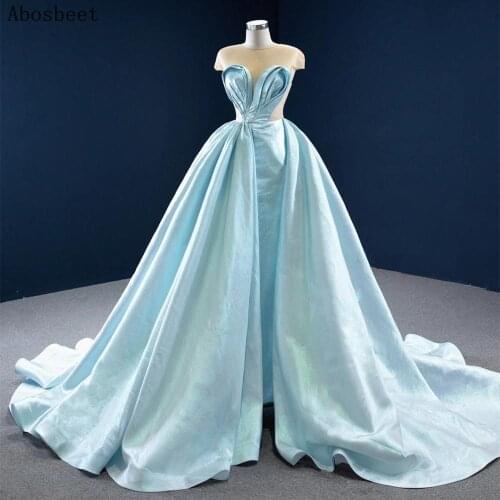 DD JYOY Light Blue New Fashion Satin Evening Dress Long Train Elegant Sheer Neck Short Sleeve Ball Gown Elegant Women Dress Prom
