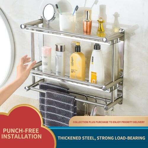 Bathroom Non-perforated Stainless Steel Double-layer Bathroom Towel Rack Thickening Rack