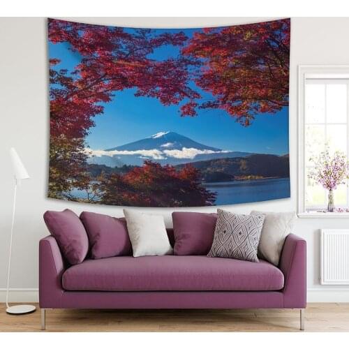 Tapestry Mountain Fuji and Lacquer Kawaguchiko Autumn Trees Clear Sky Sunny Day Landscape View Burgundy Green Blue