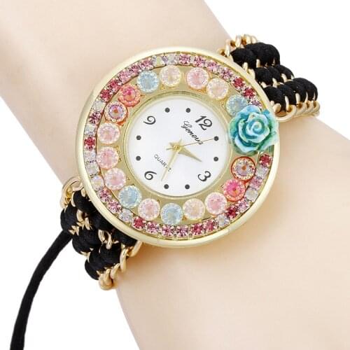 Hot Sale Full Diamond Rose Flower Ladies Creative Watch Exquisitely Braided Drawstring Chain Ladies Watch