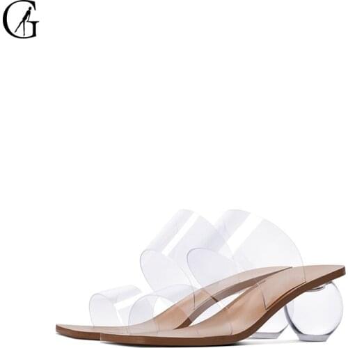 GOXEOU Womens Slipper PVC Transparent Dark Nude Spherical Crystal 6cm Heels Square Toe Casaul Fashion Lady Sandals Size 32-46