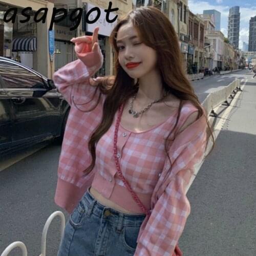 Fashion Pink Plaid Cardigan Sweaters Women Autumn New Loose Long Sleeve Tops Chic Korean Wild Camisole 2 Piece Sets Sweet Gentle