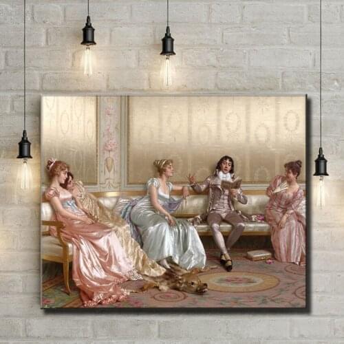 Classical court figure girl gentleman read book oil painting canvas printings printed on canvas home wall art decoration picture