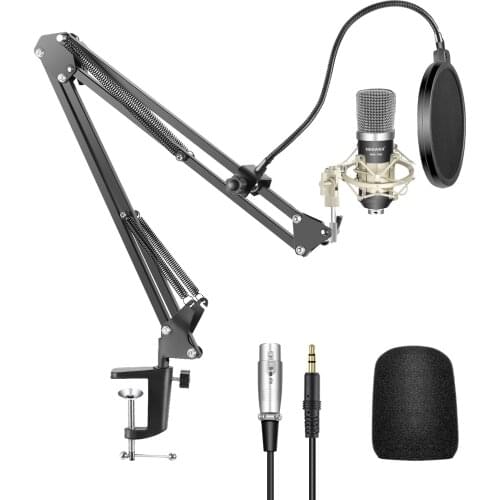 Neewer Condenser Microphone Kit-NW-700 Mic NW-35 Suspension Boom Scissor Arm Stand with Mount Clamp, Shock Mount (Silver) Filter