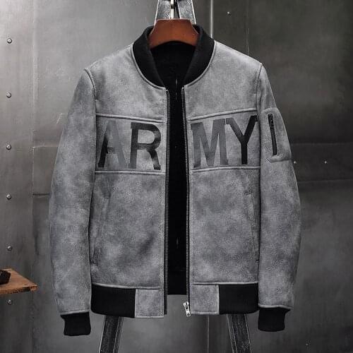 Mens Gray Shearling Jacket Sheepskin Coat Mens Leather Jacket Motorcycle Jacket B3 Flight Jacket Baseball Collar Coat