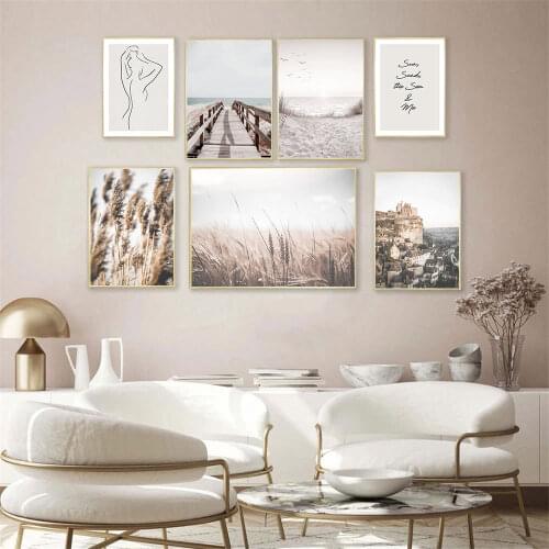 Beach Bridge Landscape Wall Art Canvas Print Wheat Reed Poster Abstract Line Painting Nordic Wall Pictures For Living Room Decor