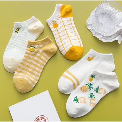 New Spring Summer Women Fashion Cotton Short Heel Socks Yellow Series Fruit Embroidered Cute Breathable Shallow Mouth Boat Socks