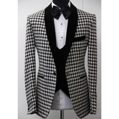New Design One Button Houndstooth Groom Tuxedos Shawl Lapel Groomsmen Mens Wedding Prom Suits (Jacket+Pants+Vest+Tie) NO:34