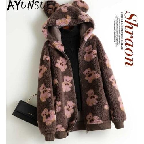 AYUNSUE Warm Real Sheep Shearling Coat Women Winter 2021 Oversized Hooded Bear Wool Jacket Female Fur Coats Manteau Femme Gxy454