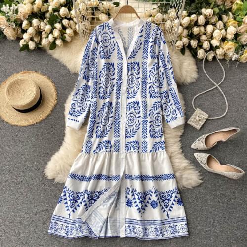 Spring Women Printed Dress Ladies Bohemia V-neck Loose Half Sleeves Straight Single Breasted Mid-calf Oversize Long Dress Summer