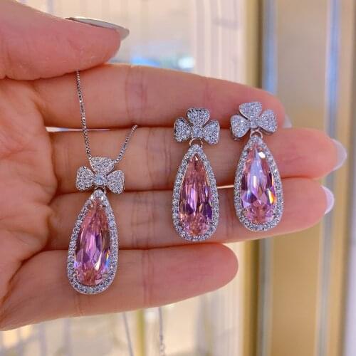 QTT 2021 Unique Water Drop Pink Cubic Zirconia Diamonds Earrings Pendant Necklace Wedding Fine Jewelry Sets for Women