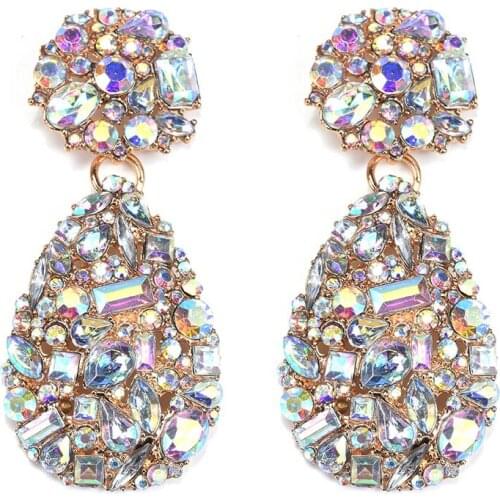 Luxury AB Color Crystal Rhinestone Drop Earrings Women Geometric Water Drop Long Dangle Earrings Statement ZA Earring Jewelry