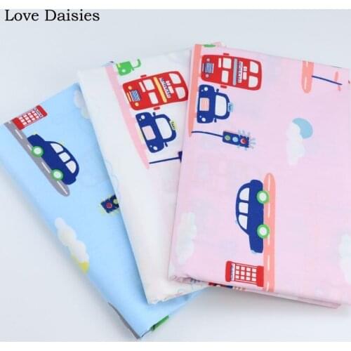 100% cotton twill cartoon PINK WHITE BLUE traffic lights cars buses fabrics for DIY kids bedding sheet pillow cushion handwork
