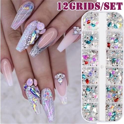 12 Grid Multi-size Nail Rhinestones 3D Crystal AB Clear Nail Stones Gems Pearl DIY Nail Art Decorations Gold Silver Rivet Rhines