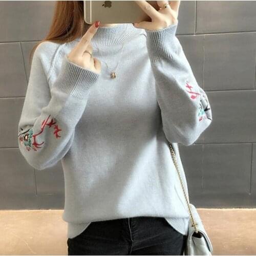 Flowers Embroidery Half Turtleneck Sweater Pullover Women Autumn Winter Korean Simple Loose Female Knitted Jumper Crop Tops Z877
