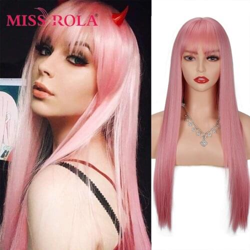 MISS ROLA Long Synthetic Wig with Bangs Black White Green Pink Ombre Color Natural Heat Resistant Hair for Women Daily Cosplay