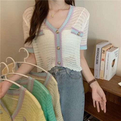 Cardigan Hollow Hit Color V-neck Short-sleeved Sweater Womens Summer New Korean Style Loose and Thin Top