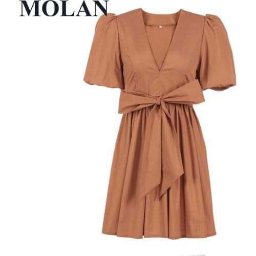 MOLAN Elegant Woman Long Vocation Dress Deep V Neck With Belt Lantern Sleeve Vintage Brown Vestido Female Chic Beach Dress