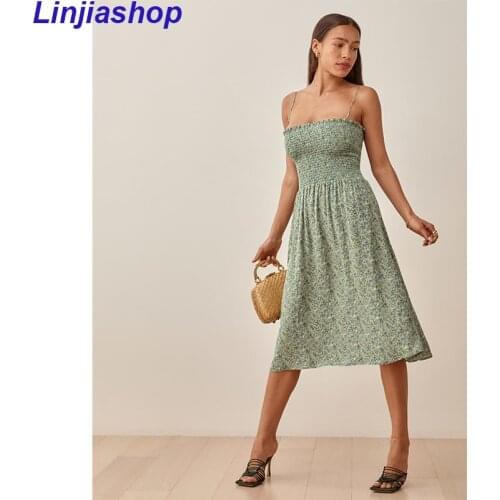Woman Sexy Midi Dress With Sleeveless Thin Elastic Straps Draped Slash Neck Floral Printing Summer Dress Lady Vestidos