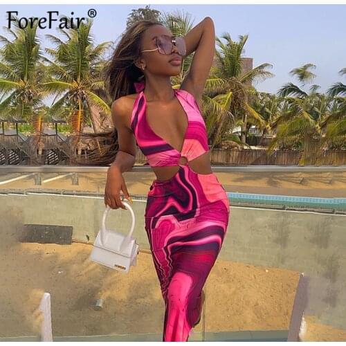 Forefair Tie Dye Summer Halter Dress Women Cut Out Bandage Backless Dress 2021 Festival Clubwear Bodycon Sexy Party Maxi Dresses