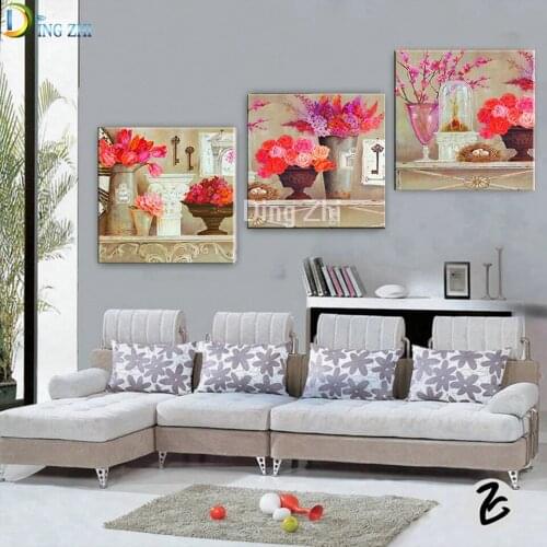 3 Pcs Vintage European Style Flowers Diamond Painting Home Decoration Diamond Embroidery Mosaic Living Room Bedroom Wall Decor