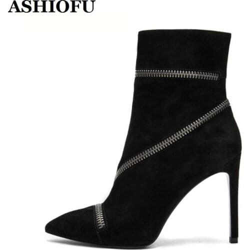 ASHIOFU New Arrival Handmade Ladies High Heel Boots Zipper-deco Pointed-toe Party Ankle Booties Large Size Evening Short Boots