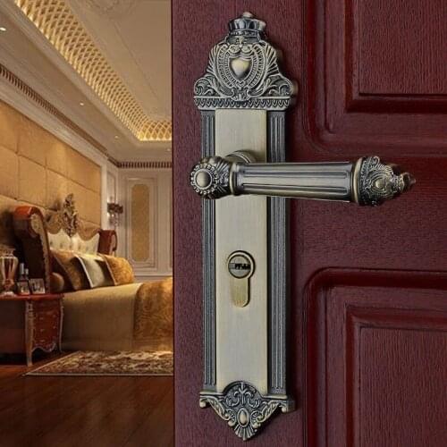 Free shipping Hardware indoor wooden door lock Mechanical double tongue lock Split bedroom bronze handle lock Golden carved lock