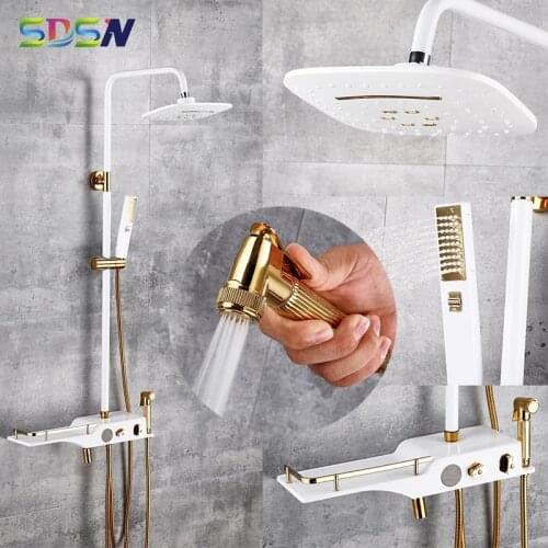 Digital Shower Set Hot Cold Bathroom Shower Faucet Bathtub Mixer Tap Rainfall Shower Head White Gold Digital Bathroom Shower Set