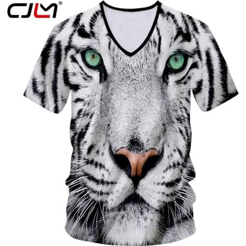 CJLM Man Black And White Striped Animal Tee Shirt Lovely Tiger V Neck Tshirt Mens Polyester T-shirt 3D Full Printed Oversized