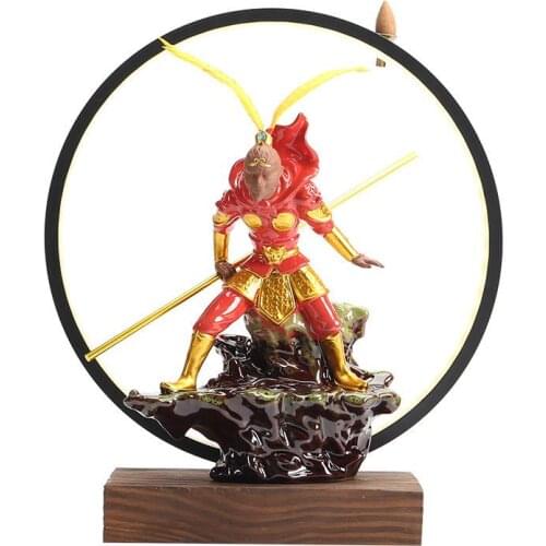 Monkey King Backflow Incense Burner Incense Cone Sticks Holder with LED light Porcelain handmade Ceramic Aromatherapy Furnace