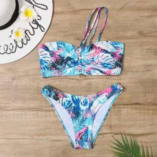 Deep V-neck swimsuit Beach Womens swimsuit bathing hot spring beach swimsuit one shoulder bikini print split swimsuit SAGACE