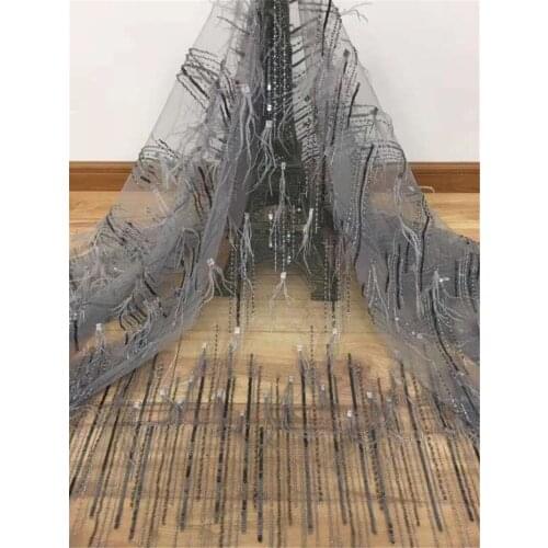 Fashionable tulle embroidery french net lace fabric BZL-19.11515 with sequins and feather for party dress