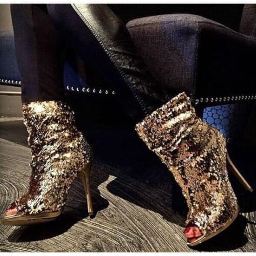 Moraima Snc Dark Champagne Sequin Boots Peep Toe Stiletto Heel Party Slouch Boots Sexy Peep Toe Ankle Boots for Woman