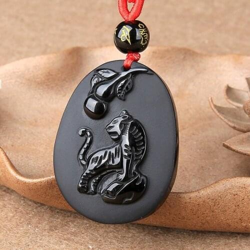 Natural Black Obsidian Beads Necklace Hand-Carved Zodiac Tiger Jade Pendant Charm Jewelry for Men Women Auspicious Amulet Gifts
