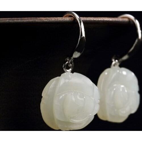 Natural retro mosaic hetian jade white jade flower earrings 925 silver carved charm jadeite jewelry fashion for women gifts