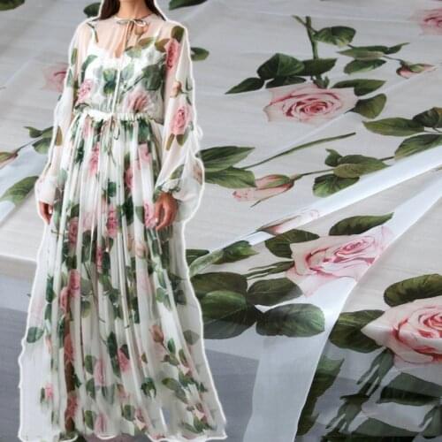 New Rose Mulberry Silk Chiffon Printed Garment Fabric Handmade DIY Dress Shirt