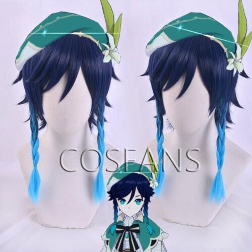 Wig Game Genshin Impact Venti Cosplay Wigs Gradient Blue Short Cosplay Wig Braided Wigs Heat Resistant Synthetic Hair